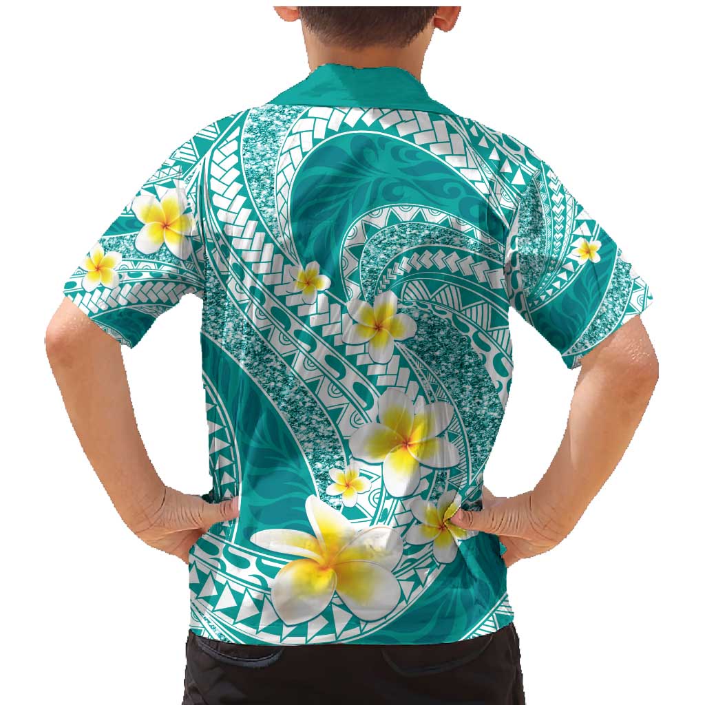 Plumeria Polynesian Teal Glitter Pattern Family Matching Mermaid Dress and Hawaiian Shirt LT01 - Polynesian Pride