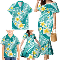 Plumeria Polynesian Teal Glitter Pattern Family Matching Mermaid Dress and Hawaiian Shirt LT01 - Polynesian Pride