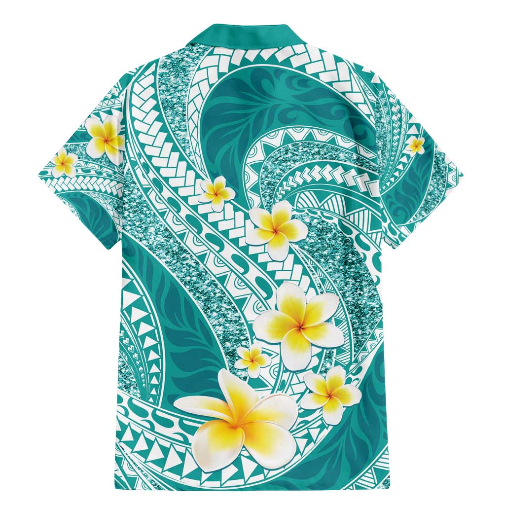 Plumeria Polynesian Teal Glitter Pattern Family Matching Mermaid Dress and Hawaiian Shirt LT01 - Polynesian Pride