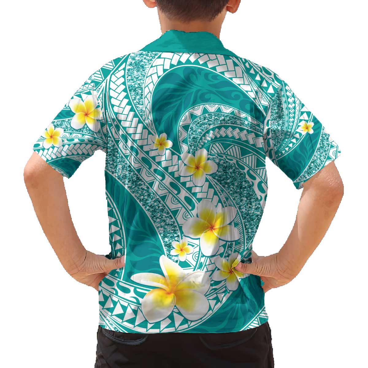 Plumeria Polynesian Teal Glitter Pattern Family Matching Off The Shoulder Long Sleeve Dress and Hawaiian Shirt LT01 - Polynesian Pride