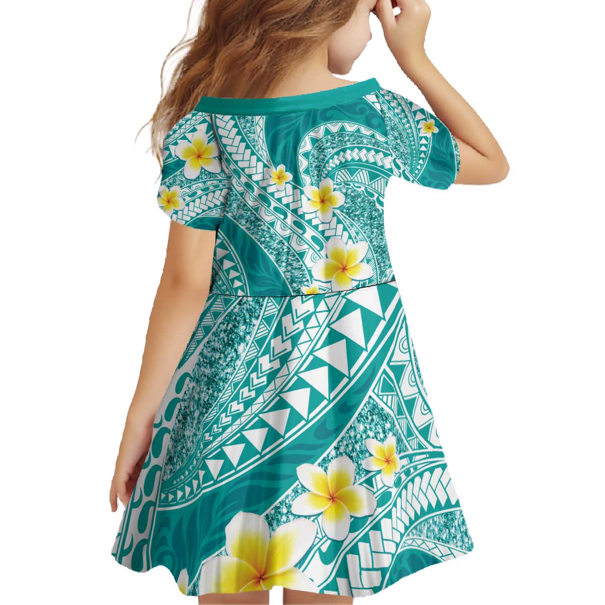 Plumeria Polynesian Teal Glitter Pattern Family Matching Off The Shoulder Long Sleeve Dress and Hawaiian Shirt LT01 - Polynesian Pride