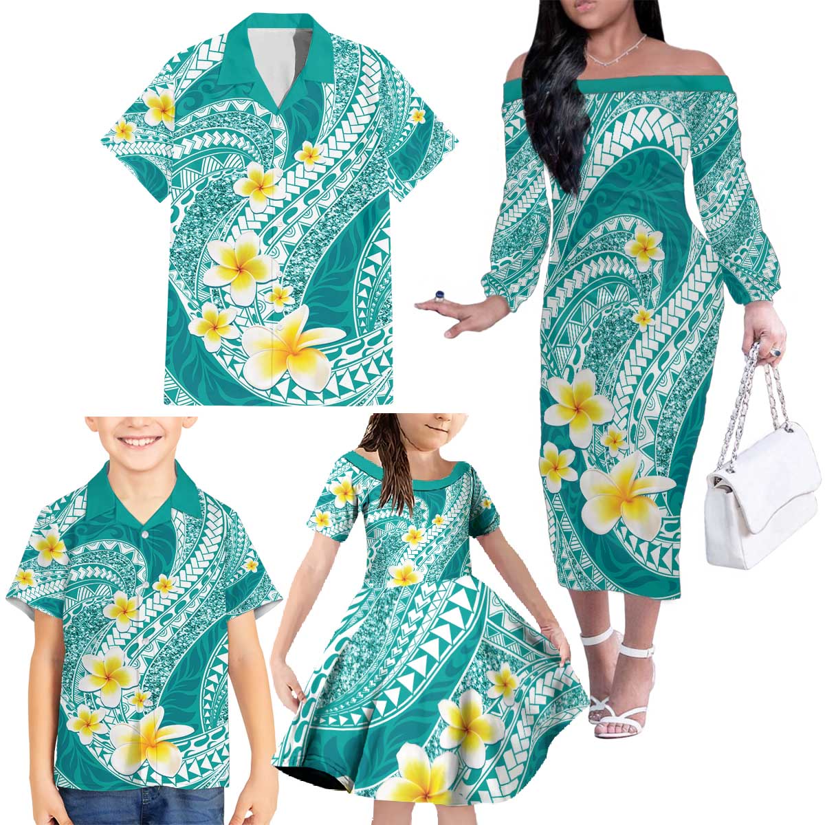 Plumeria Polynesian Teal Glitter Pattern Family Matching Off The Shoulder Long Sleeve Dress and Hawaiian Shirt LT01 - Polynesian Pride