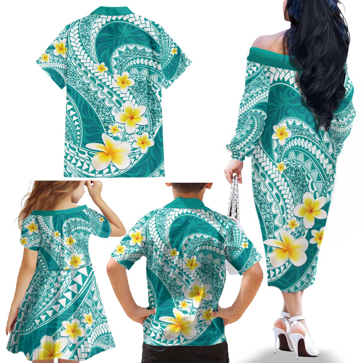 Plumeria Polynesian Teal Glitter Pattern Family Matching Off The Shoulder Long Sleeve Dress and Hawaiian Shirt LT01 - Polynesian Pride