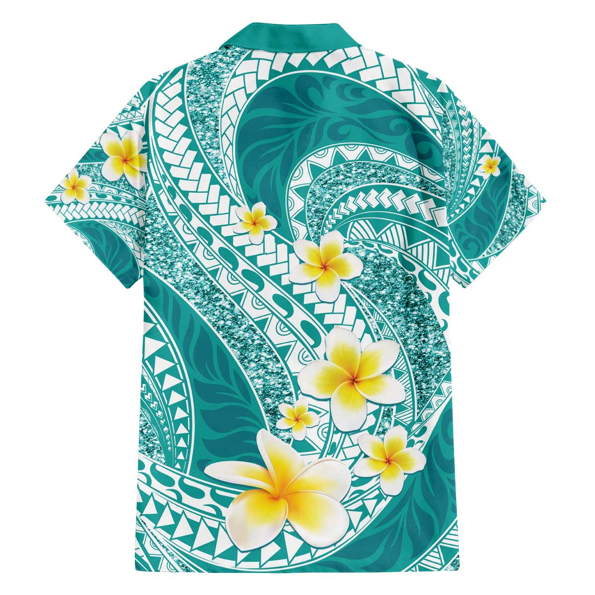 Plumeria Polynesian Teal Glitter Pattern Family Matching Off The Shoulder Long Sleeve Dress and Hawaiian Shirt LT01 - Polynesian Pride