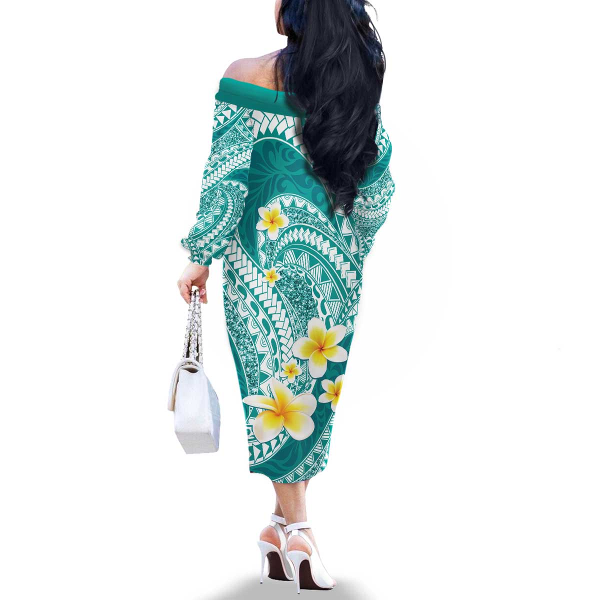 Plumeria Polynesian Teal Glitter Pattern Family Matching Off The Shoulder Long Sleeve Dress and Hawaiian Shirt LT01 - Polynesian Pride