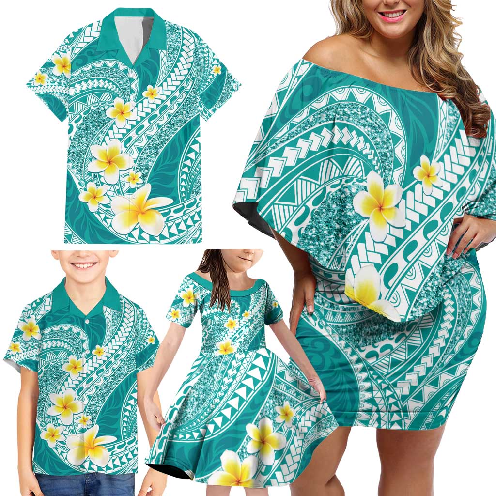 Plumeria Polynesian Teal Glitter Pattern Family Matching Off Shoulder Short Dress and Hawaiian Shirt LT01 - Polynesian Pride