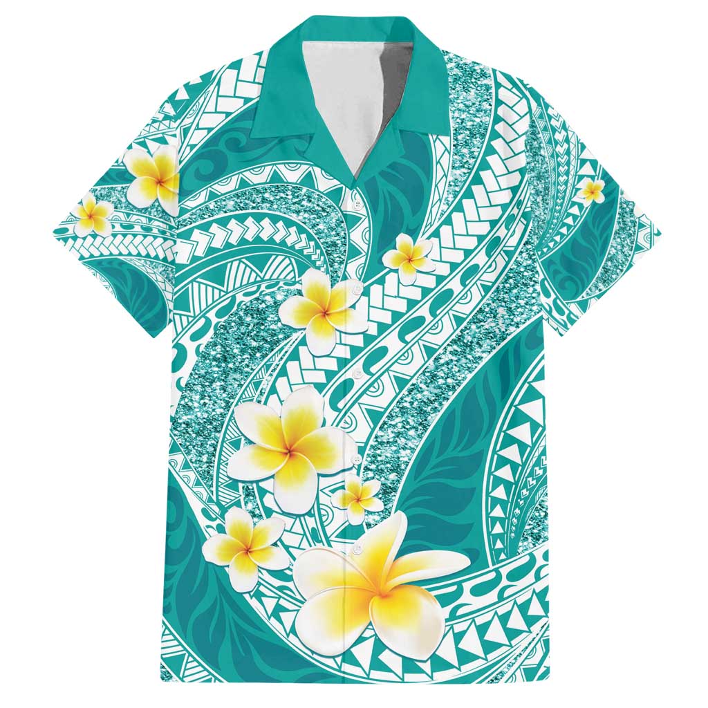 Plumeria Polynesian Teal Glitter Pattern Family Matching Off Shoulder Short Dress and Hawaiian Shirt
