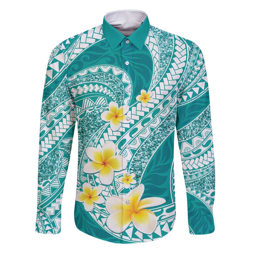 Plumeria Polynesian Teal Glitter Pattern Family Matching Short Sleeve Bodycon Dress and Hawaiian Shirt LT01 Dad's Shirt - Long Sleeve Teal - Polynesian Pride