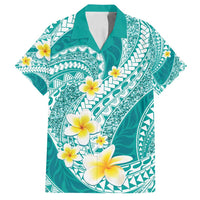 Plumeria Polynesian Teal Glitter Pattern Family Matching Summer Maxi Dress and Hawaiian Shirt