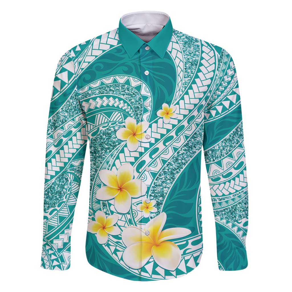 Plumeria Polynesian Teal Glitter Pattern Family Matching Summer Maxi Dress and Hawaiian Shirt
