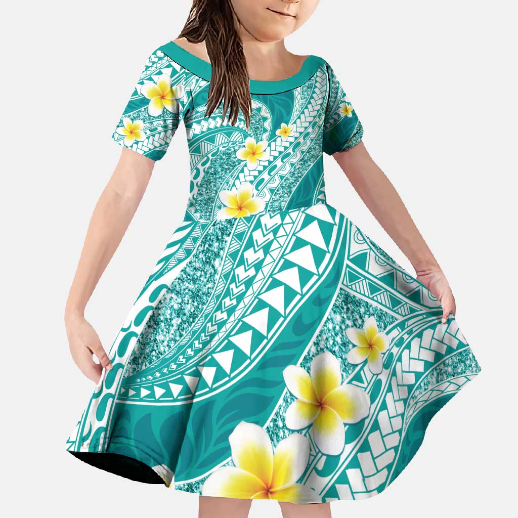 Plumeria Polynesian Teal Glitter Pattern Family Matching Tank Maxi Dress and Hawaiian Shirt LT01 Daughter's Dress Teal - Polynesian Pride