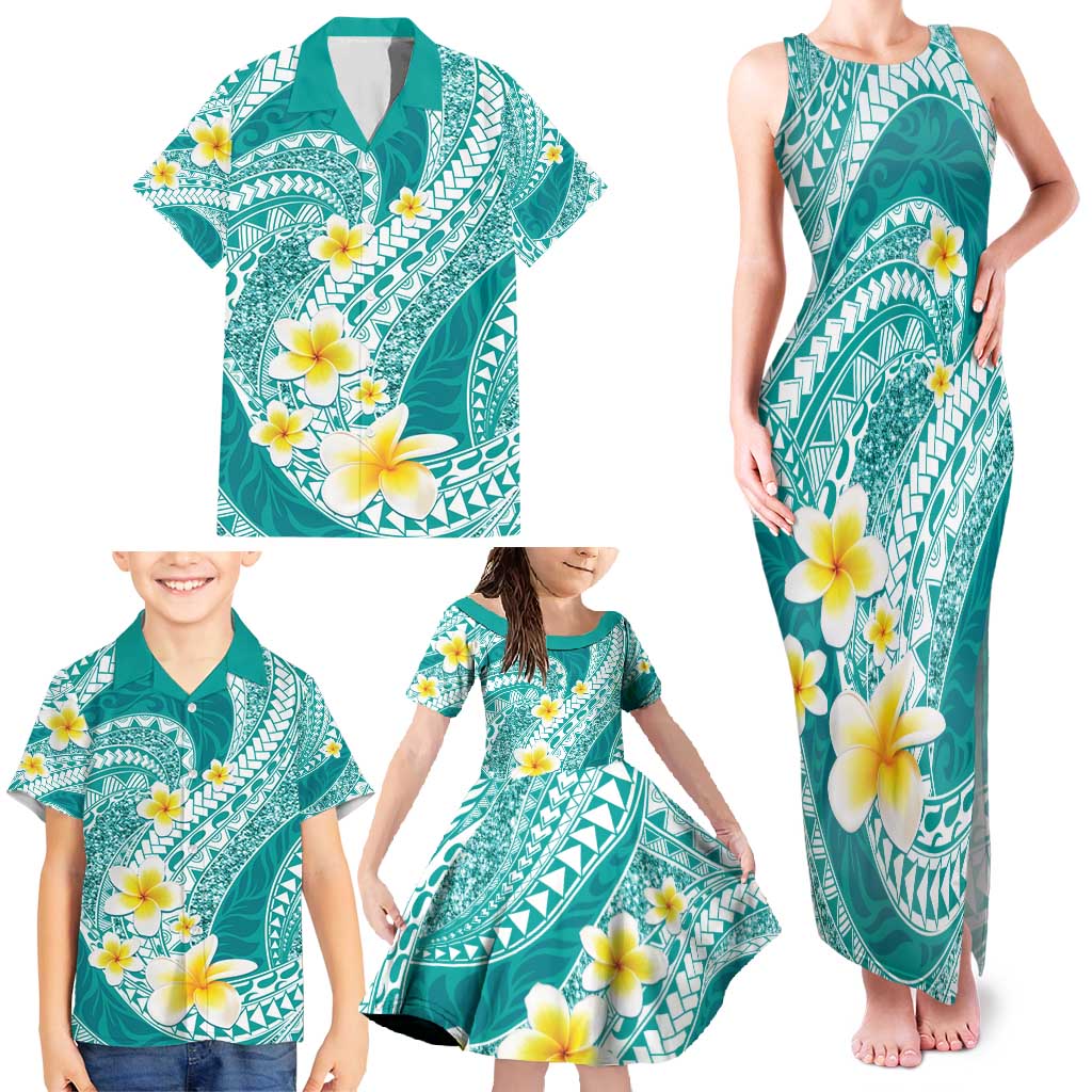 Plumeria Polynesian Teal Glitter Pattern Family Matching Tank Maxi Dress and Hawaiian Shirt LT01 - Polynesian Pride