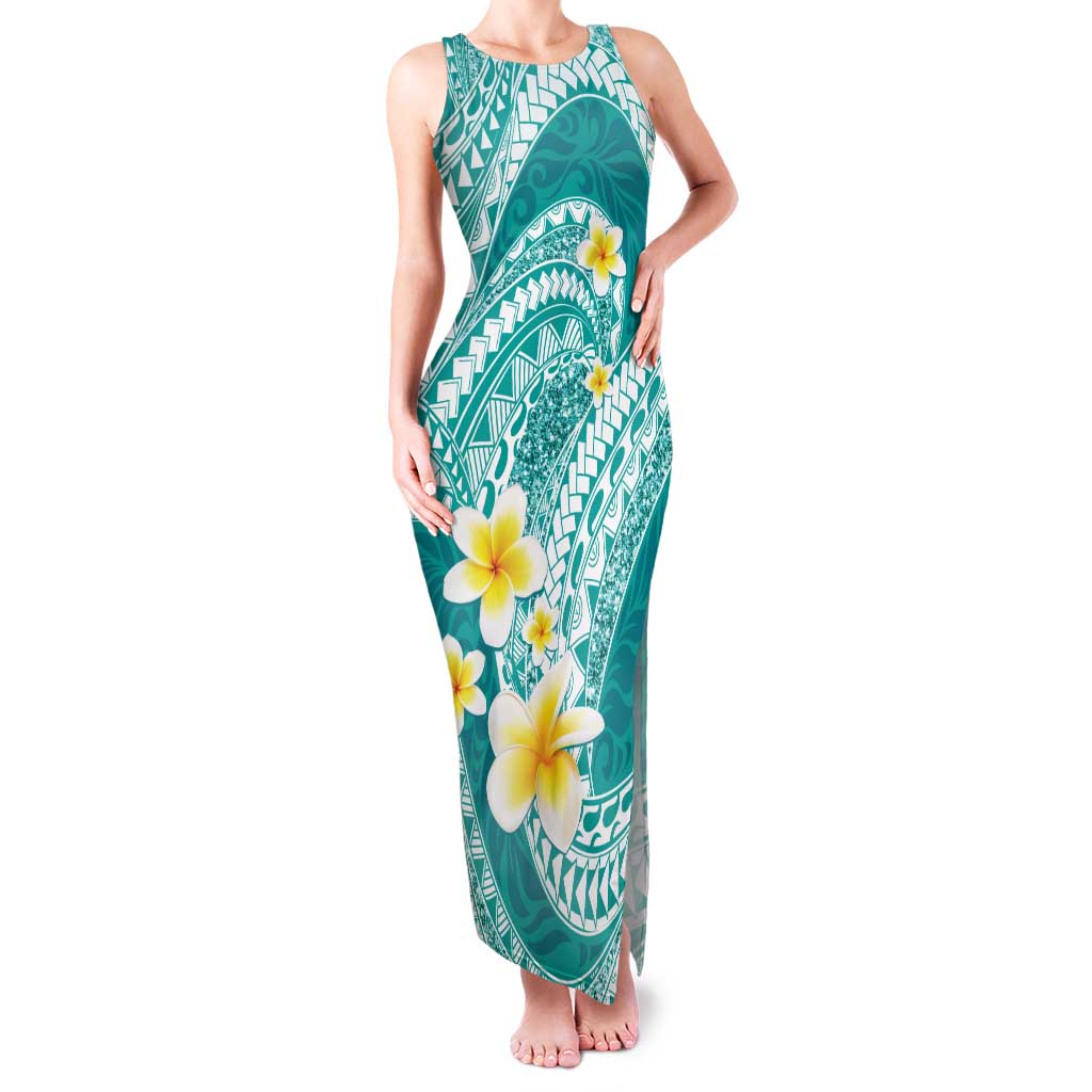 Plumeria Polynesian Teal Glitter Pattern Family Matching Tank Maxi Dress and Hawaiian Shirt LT01 Mom's Dress Teal - Polynesian Pride