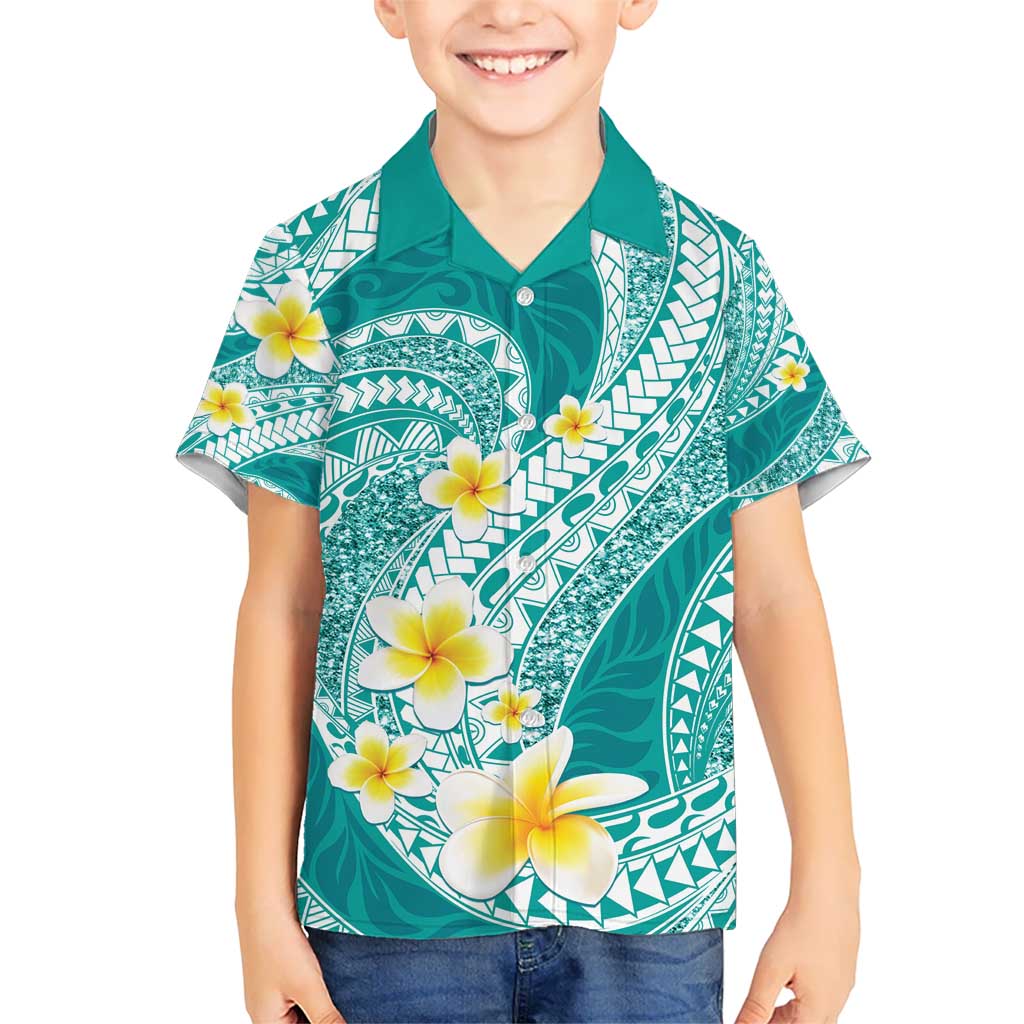 Plumeria Polynesian Teal Glitter Pattern Kid Hawaiian Shirt LT01 Kid Teal - Polynesian Pride