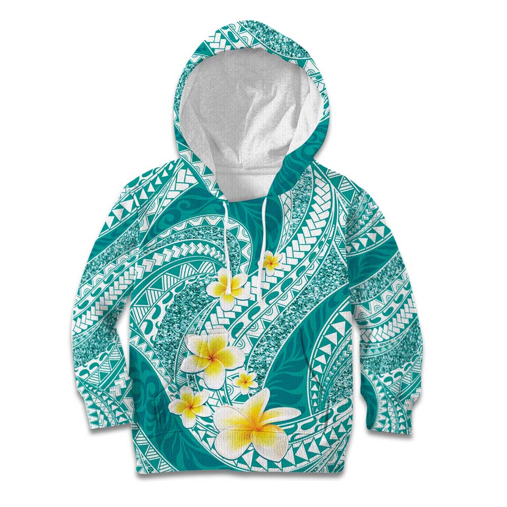 Plumeria Polynesian Teal Glitter Pattern Kid Hoodie LT01 Hoodie Teal - Polynesian Pride