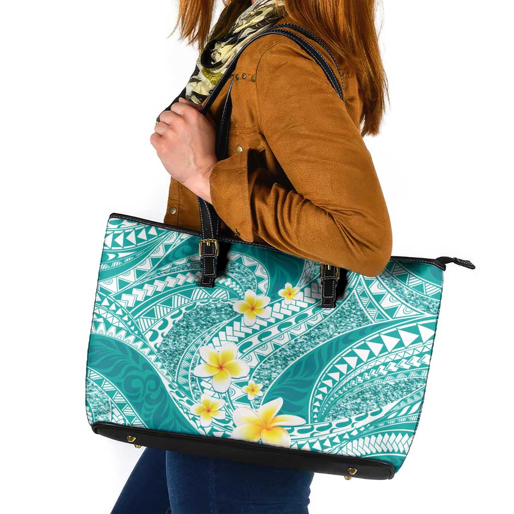 Plumeria Polynesian Teal Glitter Pattern Leather Tote Bag LT01 Teal - Polynesian Pride