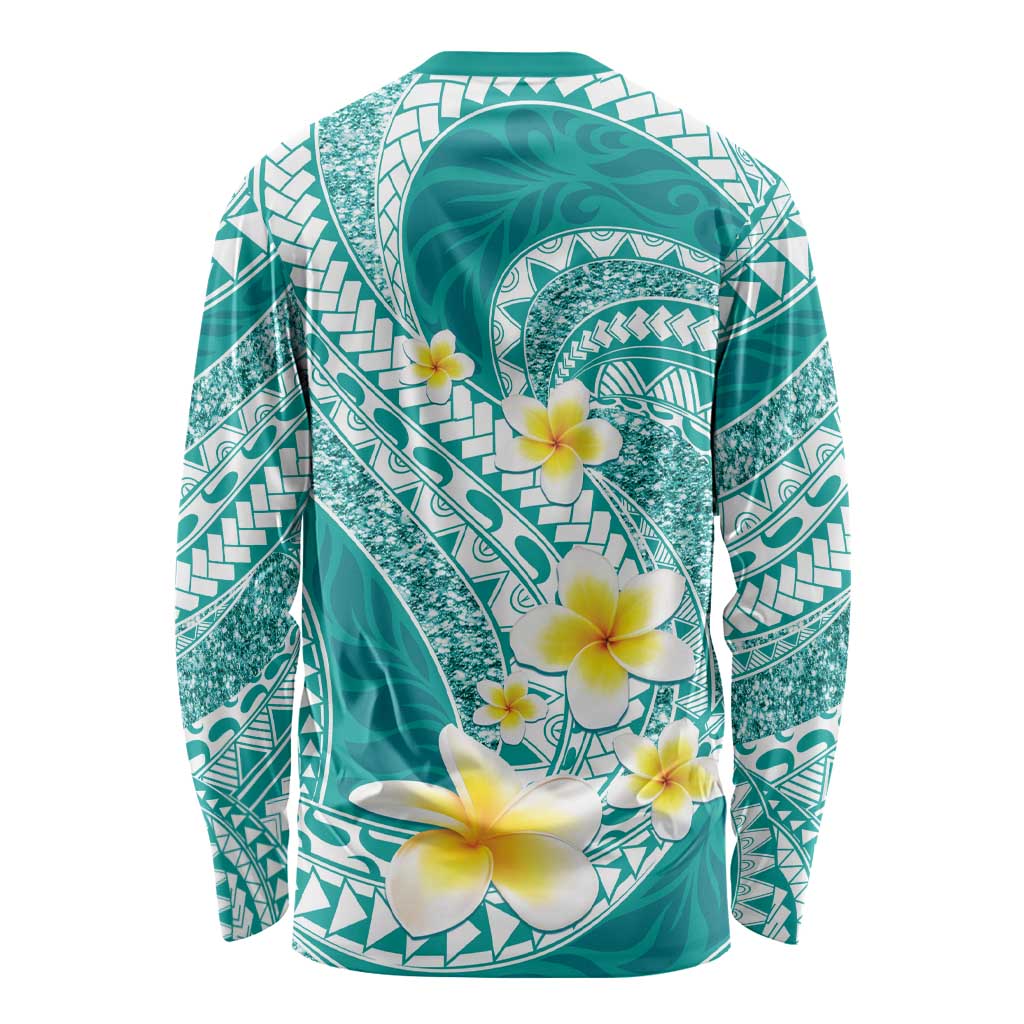 Plumeria Polynesian Teal Glitter Pattern Long Sleeve Shirt