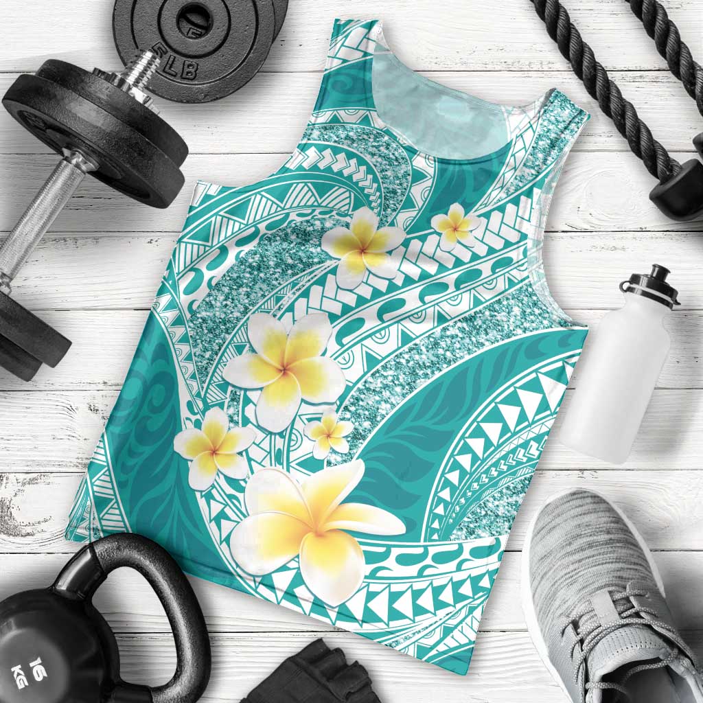 Plumeria Polynesian Teal Glitter Pattern Men Tank Top