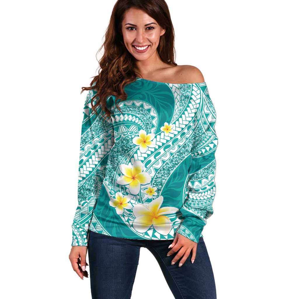 Plumeria Polynesian Teal Glitter Pattern Off Shoulder Sweater LT01 Women Teal - Polynesian Pride