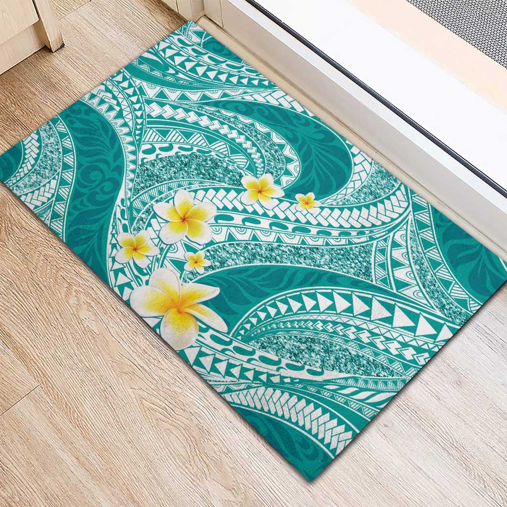 Plumeria Polynesian Teal Glitter Pattern Rubber Doormat