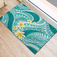 Plumeria Polynesian Teal Glitter Pattern Rubber Doormat