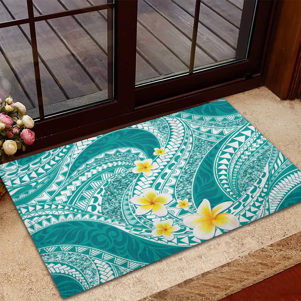 Plumeria Polynesian Teal Glitter Pattern Rubber Doormat
