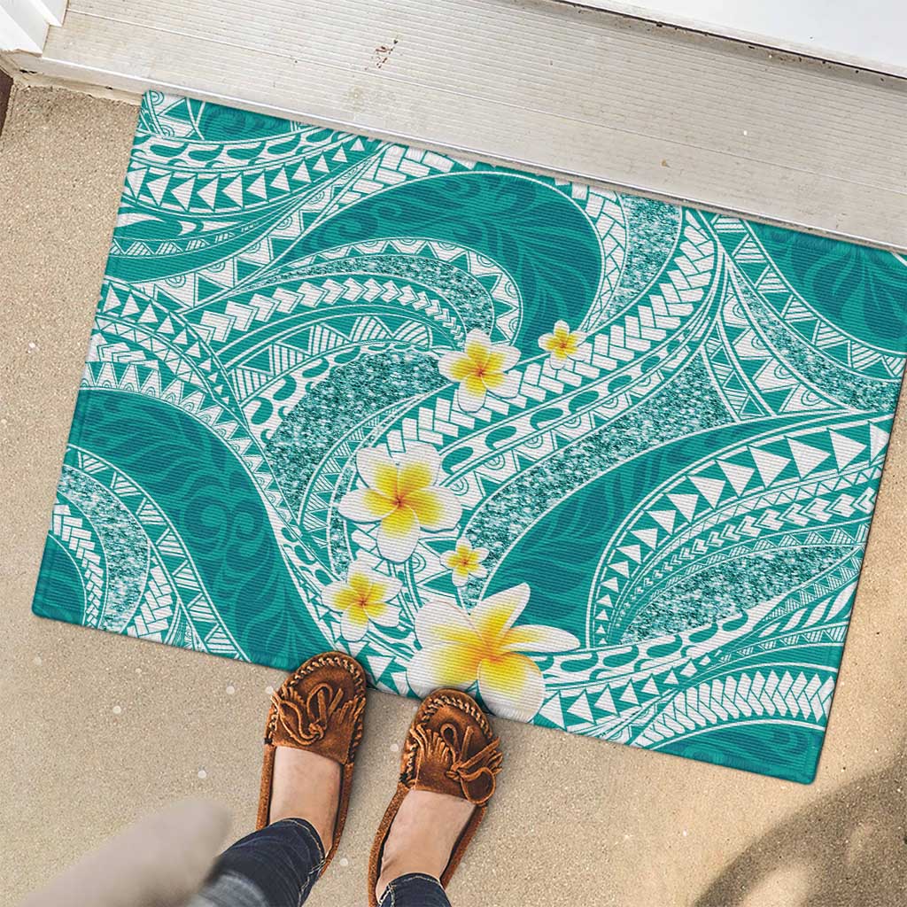 Plumeria Polynesian Teal Glitter Pattern Rubber Doormat