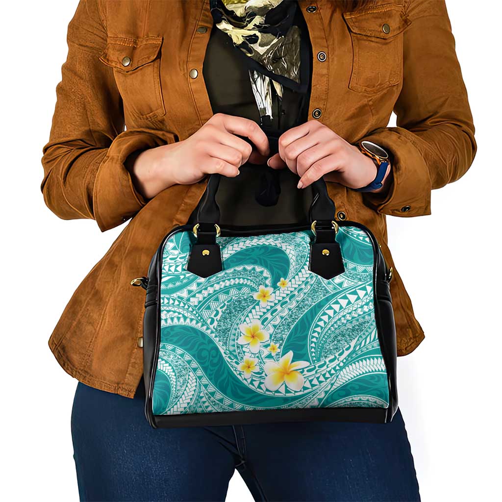 Plumeria Polynesian Teal Glitter Pattern Shoulder Handbag