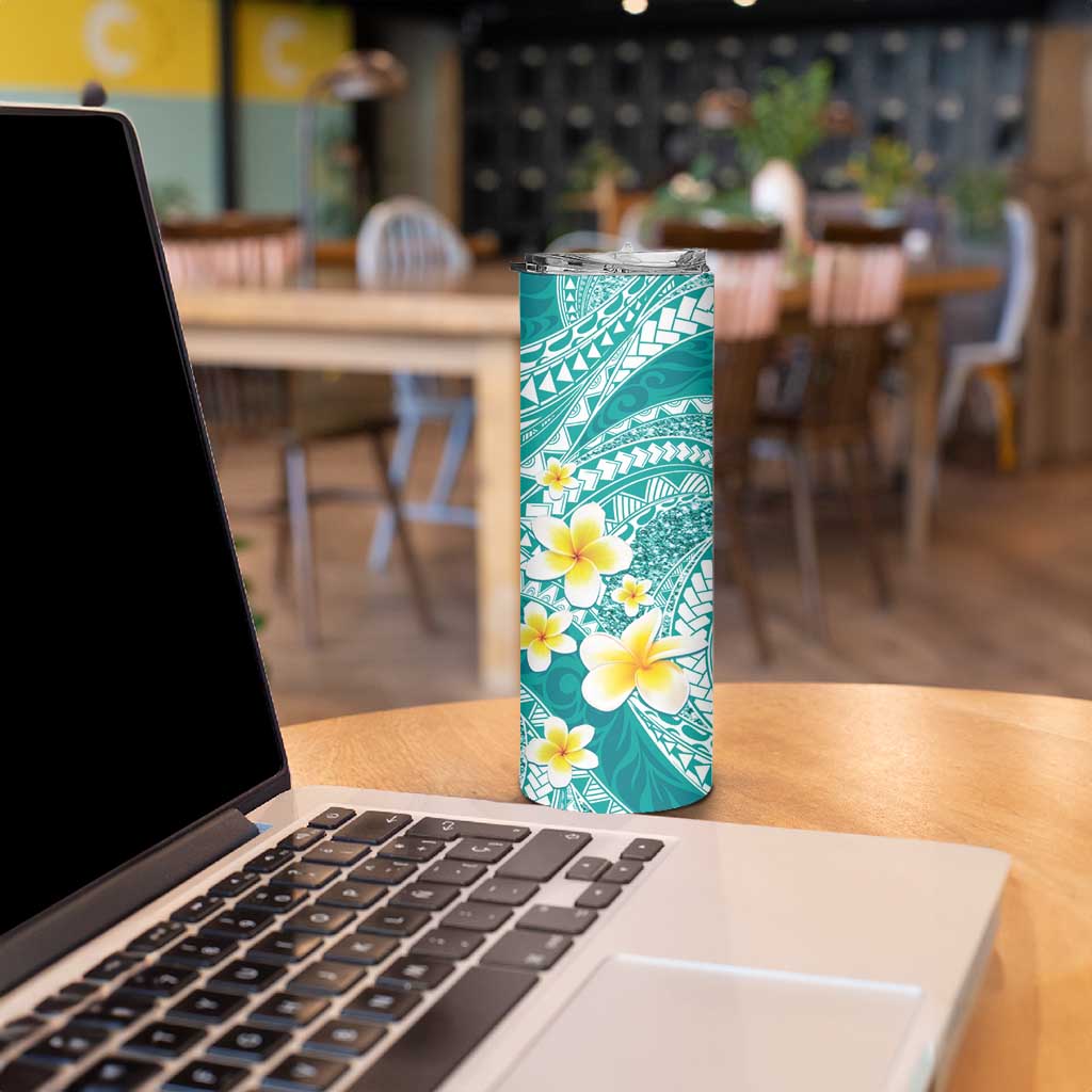 Plumeria Polynesian Teal Glitter Pattern Skinny Tumbler