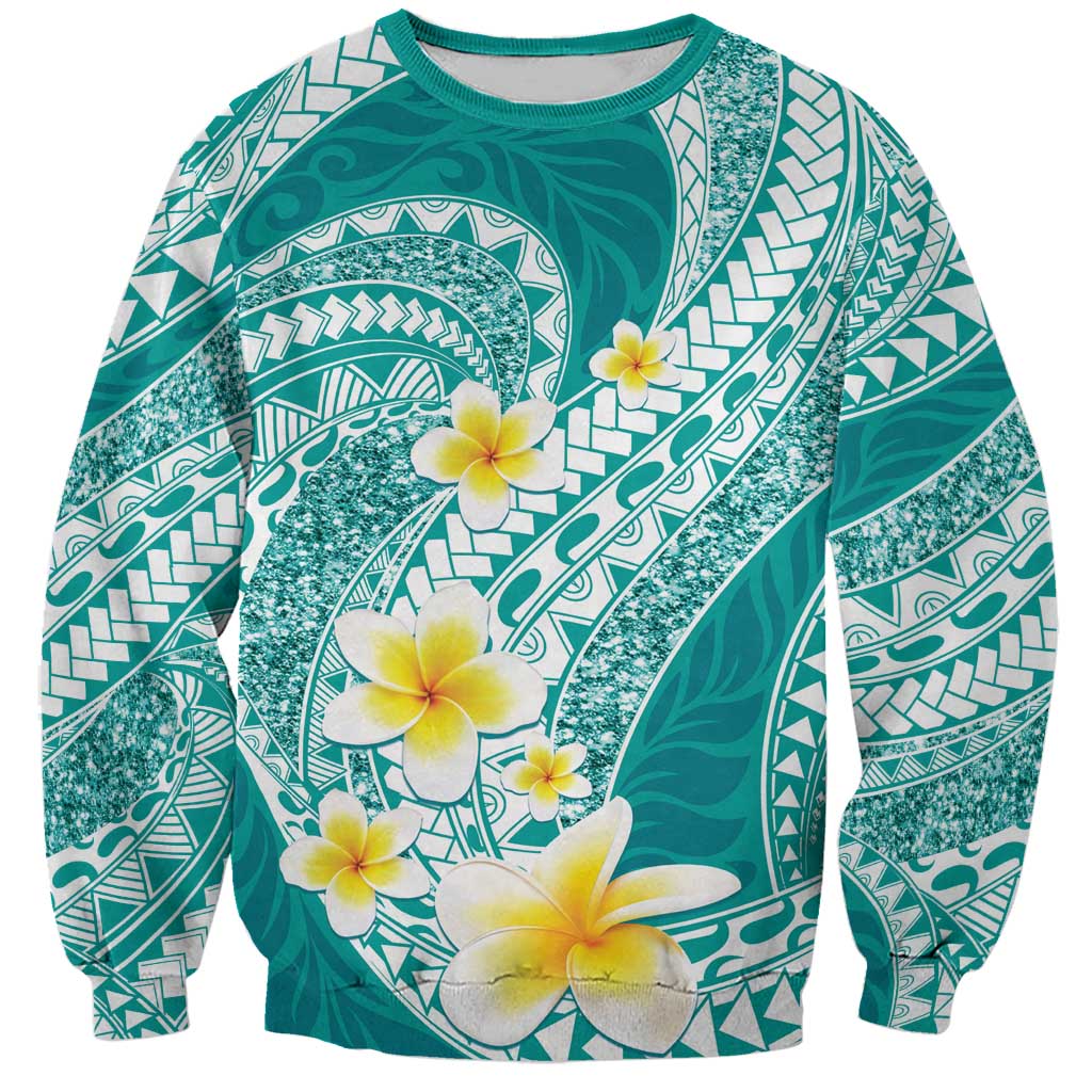 Plumeria Polynesian Teal Glitter Pattern Sweatshirt