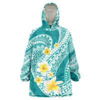Plumeria Polynesian Teal Glitter Pattern Wearable Blanket Hoodie LT01 One Size Teal - Polynesian Pride