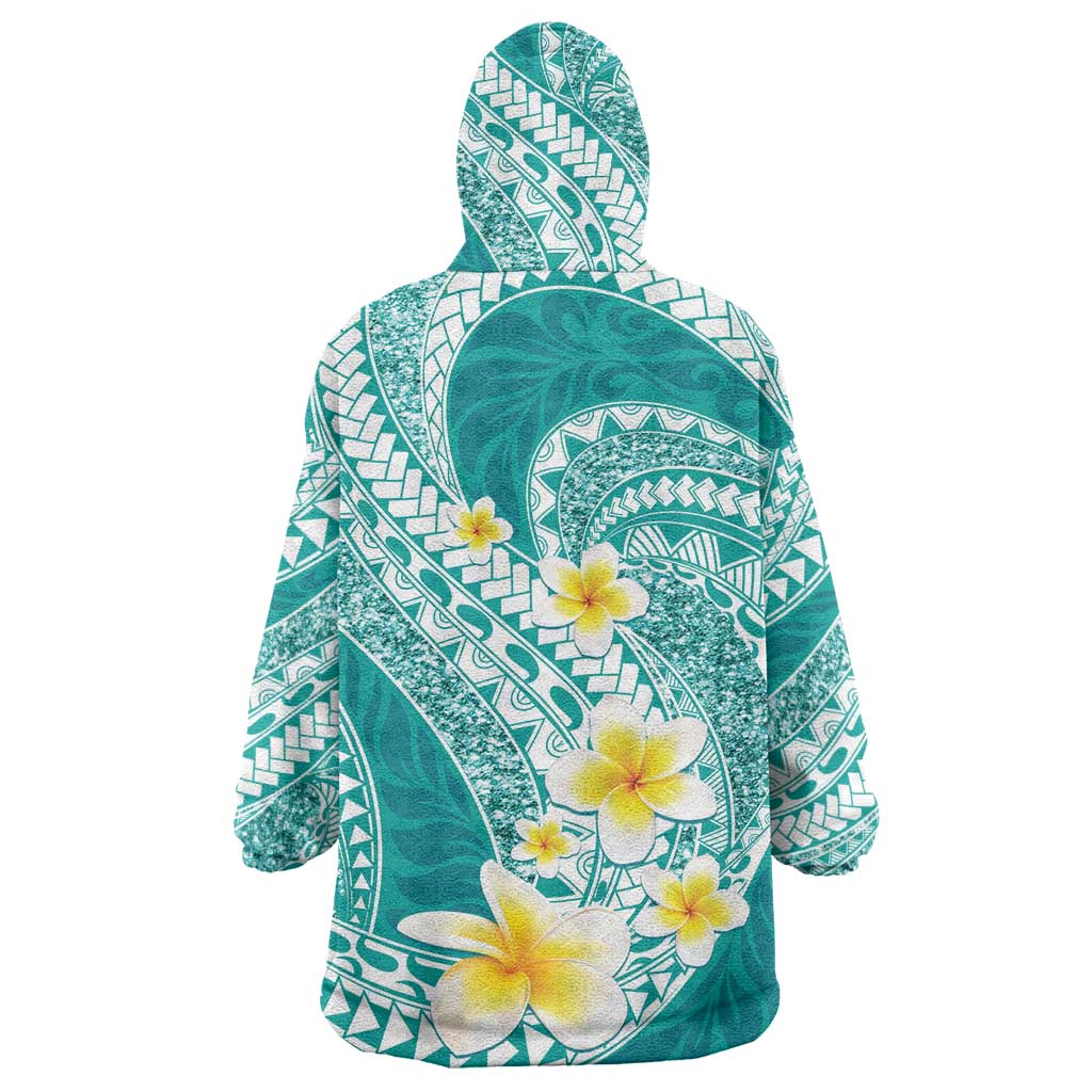Plumeria Polynesian Teal Glitter Pattern Wearable Blanket Hoodie LT01 - Polynesian Pride