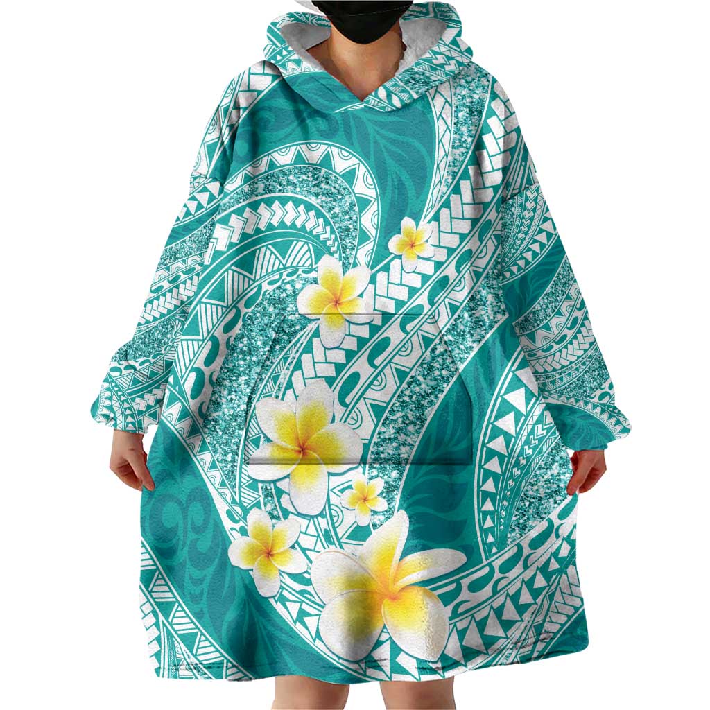 Plumeria Polynesian Teal Glitter Pattern Wearable Blanket Hoodie LT01 - Polynesian Pride