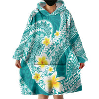 Plumeria Polynesian Teal Glitter Pattern Wearable Blanket Hoodie LT01 - Polynesian Pride