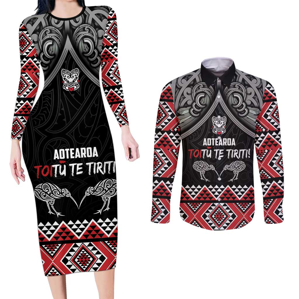 Aotearoa Toitu Te Tiriti Waitangi Couples Matching Long Sleeve Bodycon Dress and Long Sleeve Button Shirt Proud To Be Maori LT01 Black - Polynesian Pride