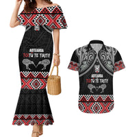 Aotearoa Toitu Te Tiriti Waitangi Couples Matching Mermaid Dress and Hawaiian Shirt Proud To Be Maori LT01 Black - Polynesian Pride
