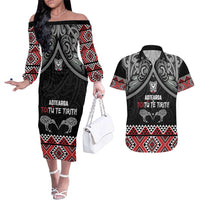 Aotearoa Toitu Te Tiriti Waitangi Couples Matching Off The Shoulder Long Sleeve Dress and Hawaiian Shirt Proud To Be Maori LT01 Black - Polynesian Pride