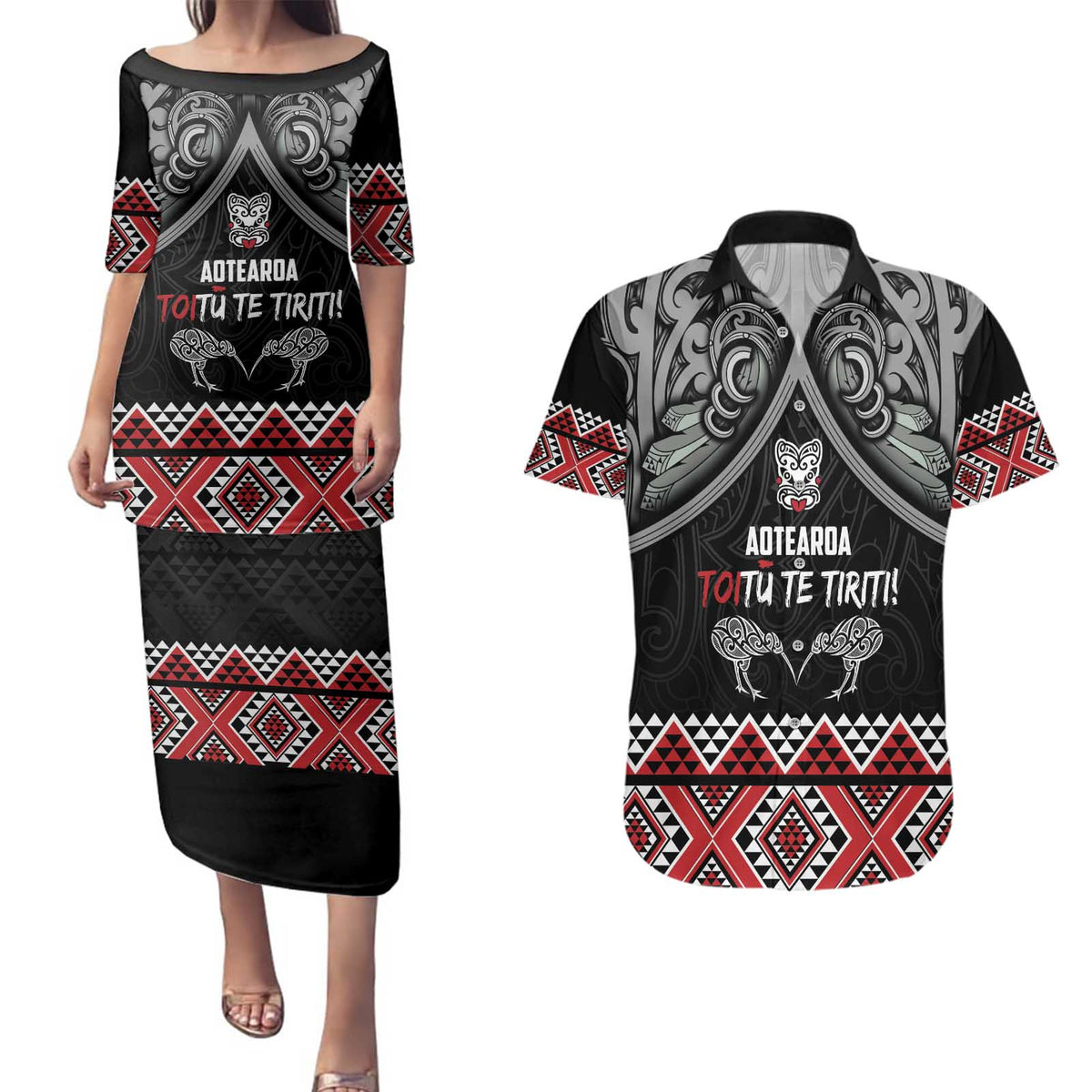 Aotearoa Toitu Te Tiriti Waitangi Couples Matching Puletasi and Hawaiian Shirt Proud To Be Maori LT01 Black - Polynesian Pride