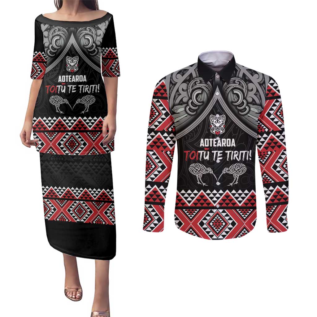 Aotearoa Toitu Te Tiriti Waitangi Couples Matching Puletasi and Long Sleeve Button Shirt Proud To Be Maori LT01 Black - Polynesian Pride
