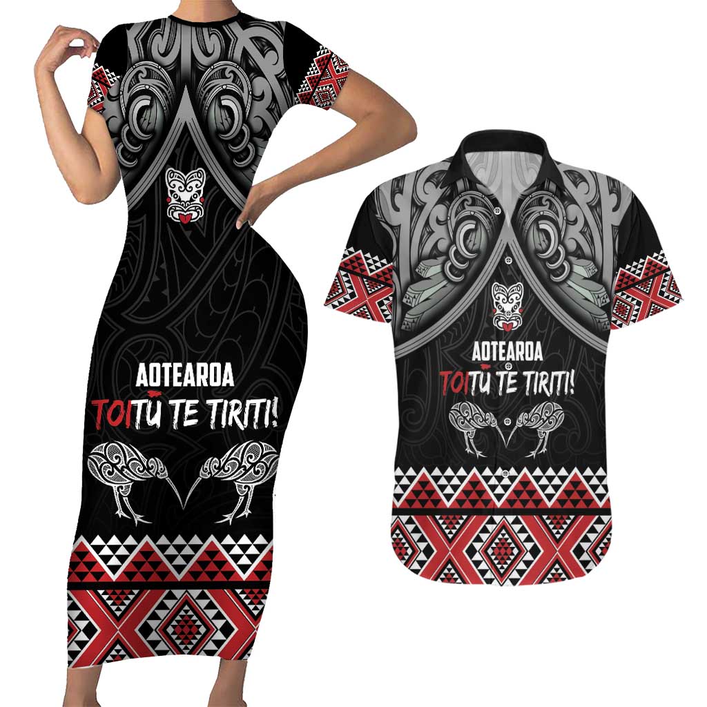Aotearoa Toitu Te Tiriti Waitangi Couples Matching Short Sleeve Bodycon Dress and Hawaiian Shirt Proud To Be Maori LT01 Black - Polynesian Pride