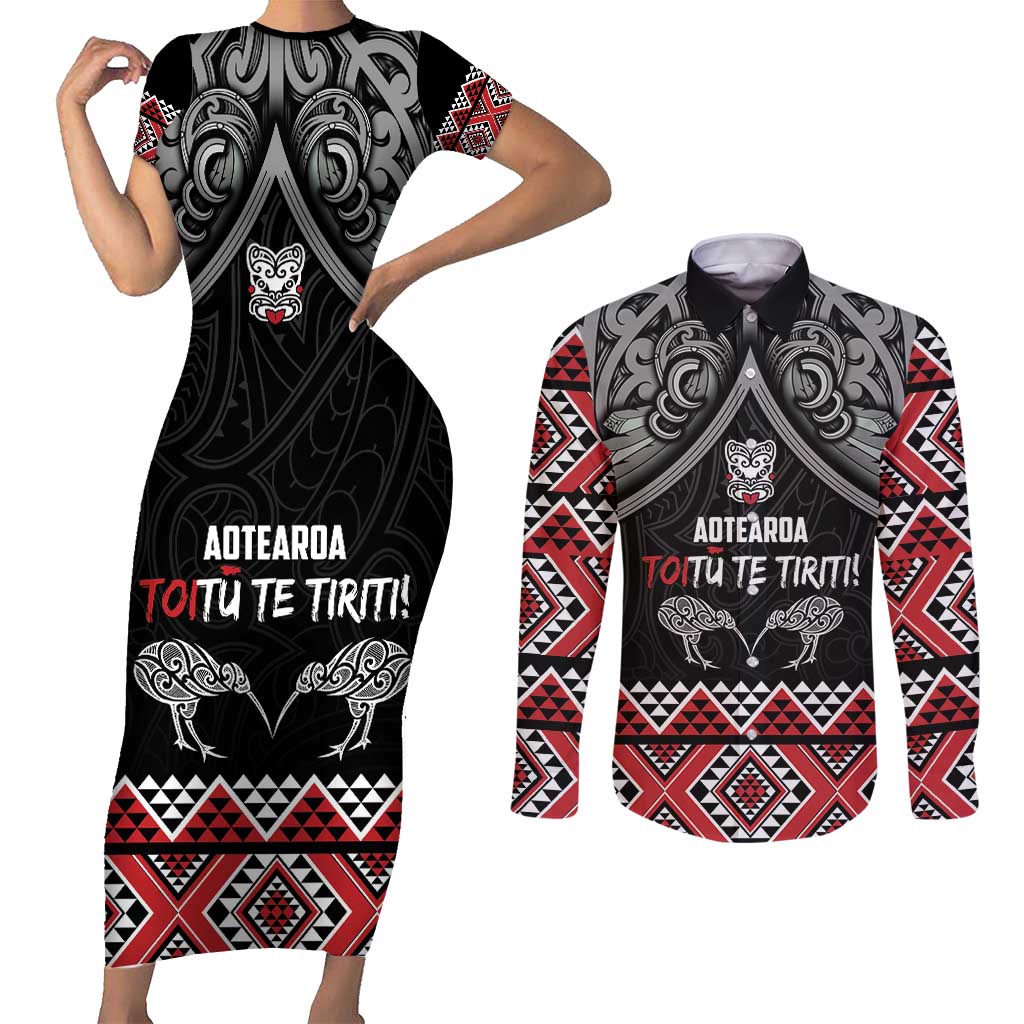 Aotearoa Toitu Te Tiriti Waitangi Couples Matching Short Sleeve Bodycon Dress and Long Sleeve Button Shirt Proud To Be Maori LT01 Black - Polynesian Pride