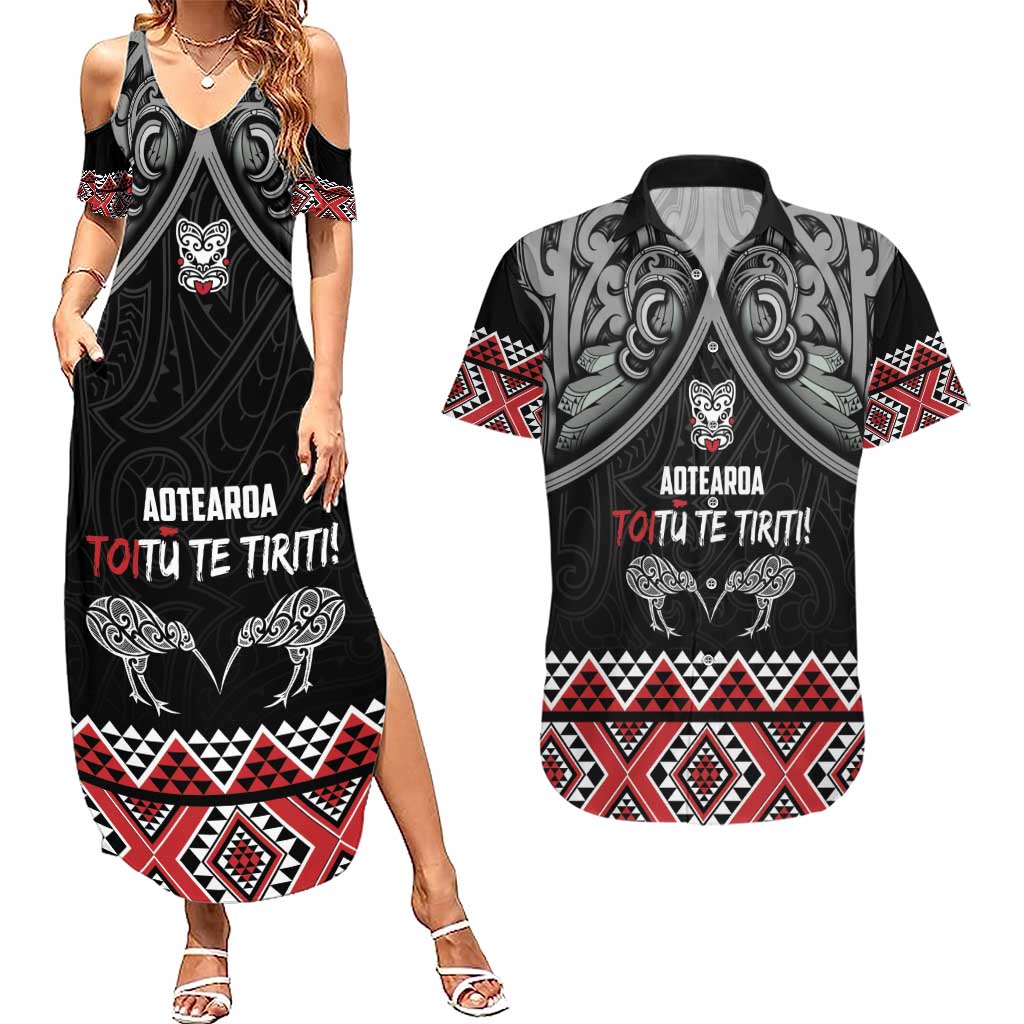 Aotearoa Toitu Te Tiriti Waitangi Couples Matching Summer Maxi Dress and Hawaiian Shirt Proud To Be Maori LT01 Black - Polynesian Pride
