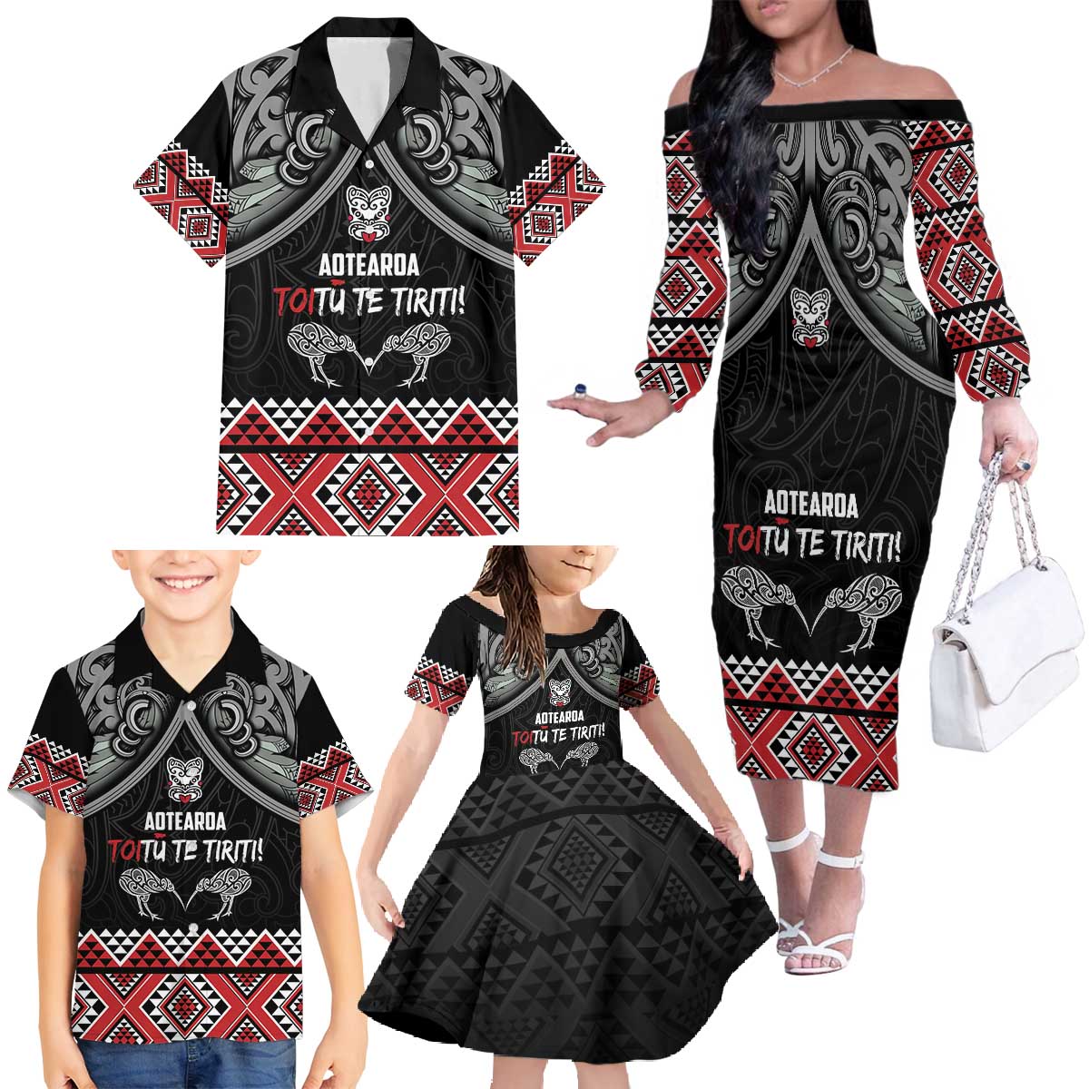 Aotearoa Toitu Te Tiriti Waitangi Family Matching Off The Shoulder Long Sleeve Dress and Hawaiian Shirt Proud To Be Maori LT01 - Polynesian Pride