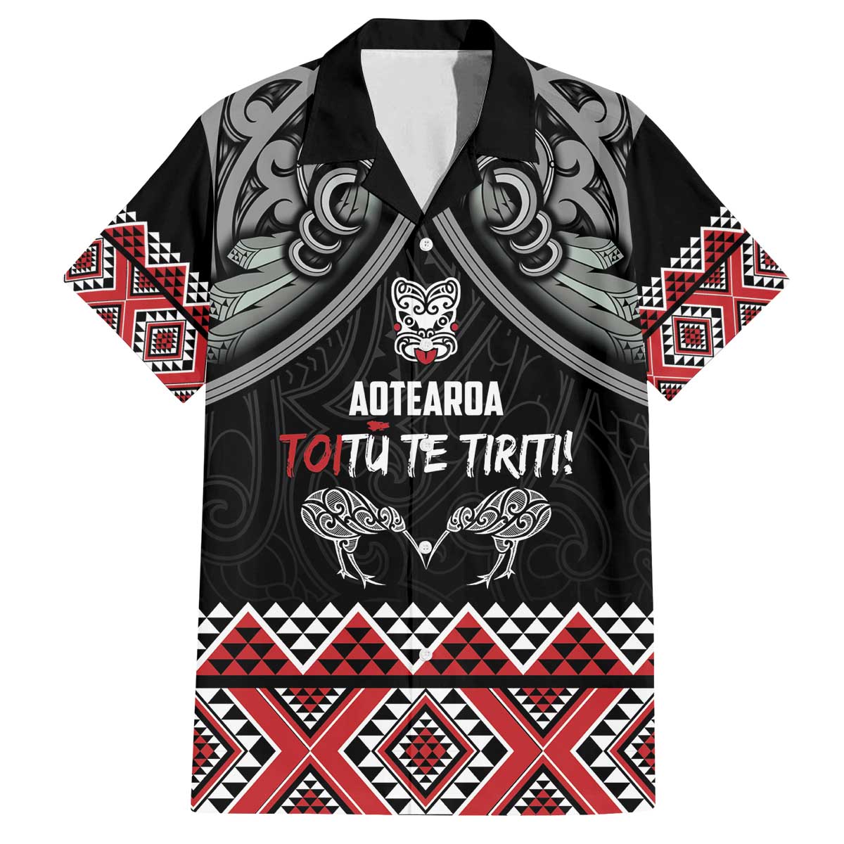 Aotearoa Toitu Te Tiriti Waitangi Family Matching Off The Shoulder Long Sleeve Dress and Hawaiian Shirt Proud To Be Maori LT01 Dad's Shirt - Short Sleeve Black - Polynesian Pride