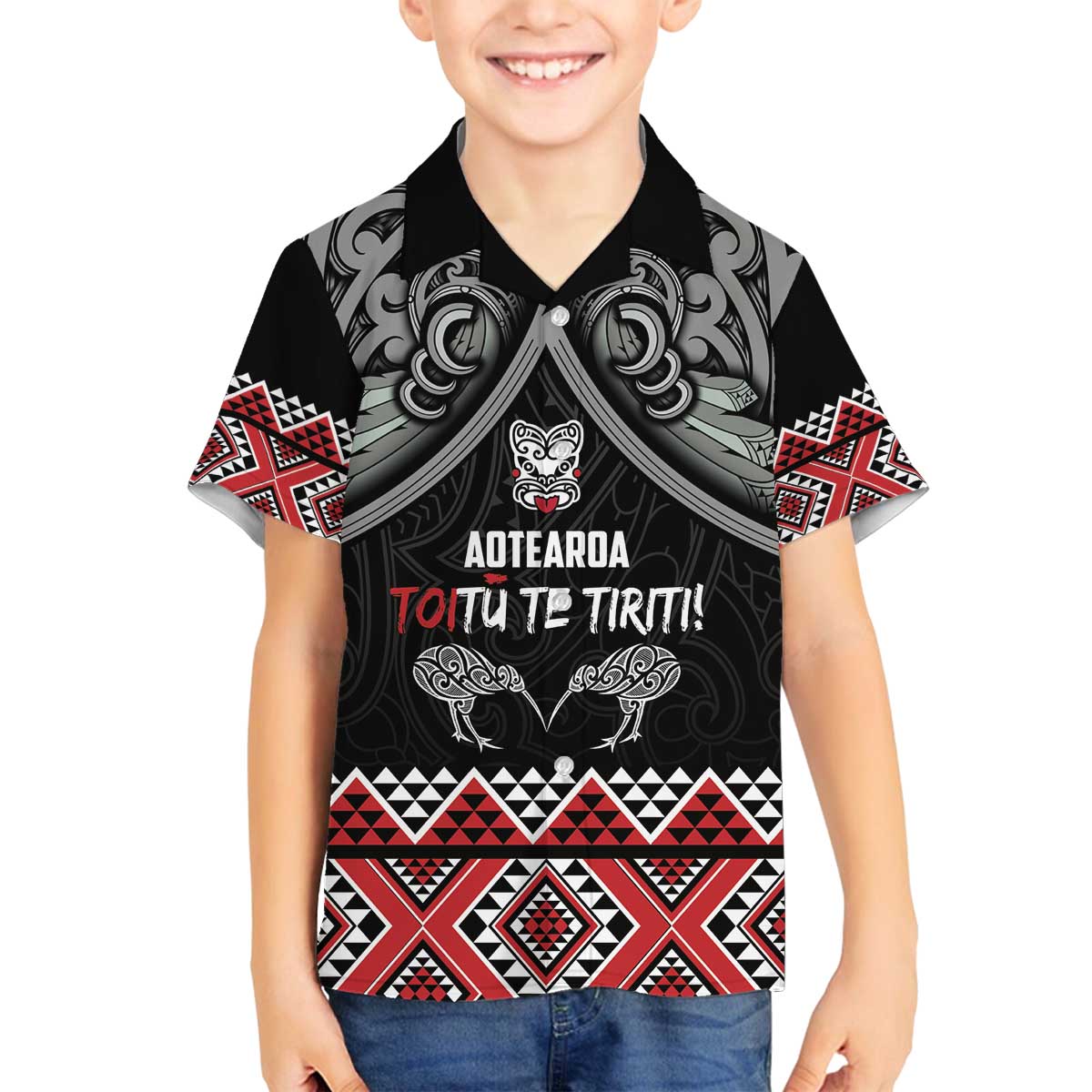 Aotearoa Toitu Te Tiriti Waitangi Family Matching Off The Shoulder Long Sleeve Dress and Hawaiian Shirt Proud To Be Maori LT01 Son's Shirt Black - Polynesian Pride