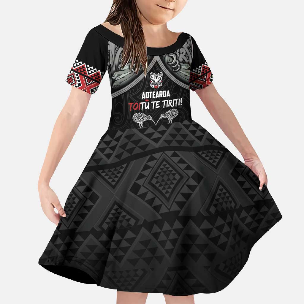 Aotearoa Toitu Te Tiriti Waitangi Family Matching Summer Maxi Dress and Hawaiian Shirt Proud To Be Maori LT01 Daughter's Dress Black - Polynesian Pride