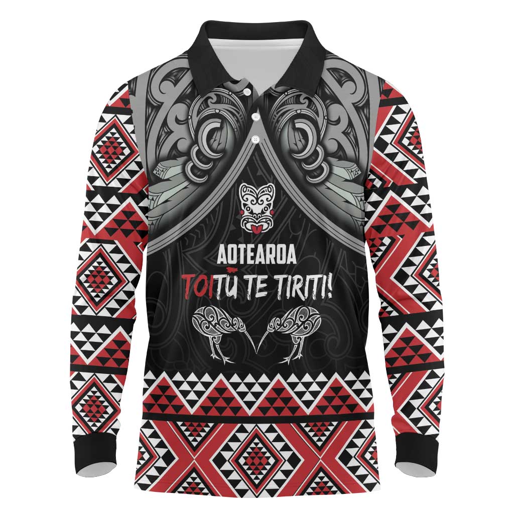 Aotearoa Toitu Te Tiriti Waitangi Long Sleeve Polo Shirt Proud To Be Maori LT01 Black - Polynesian Pride