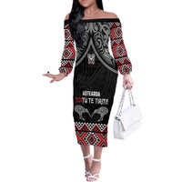 Aotearoa Toitu Te Tiriti Waitangi Off The Shoulder Long Sleeve Dress Proud To Be Maori LT01 Women Black - Polynesian Pride