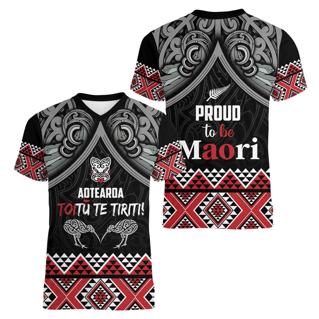 Aotearoa Toitu Te Tiriti Waitangi Women V-Neck T-Shirt Proud To Be Maori LT01 - Polynesian Pride