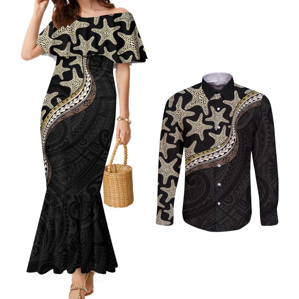 Beige Polynesian Starfish Unique Pattern Couples Matching Mermaid Dress and Long Sleeve Button Shirt LT01 Beige - Polynesian Pride